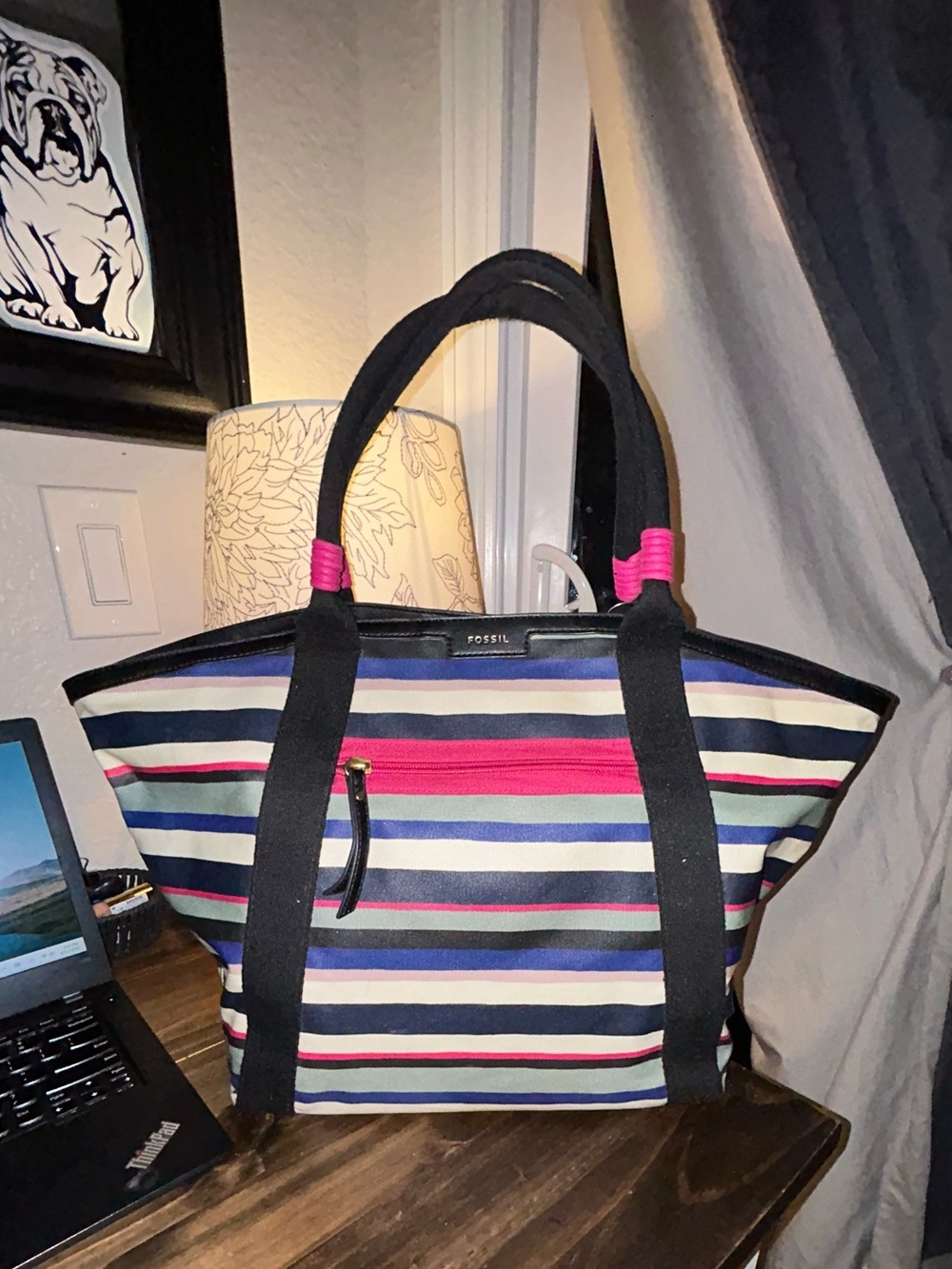 Fossil Striped Canvas Tote in Navy, Pink & Cream with Black Trim